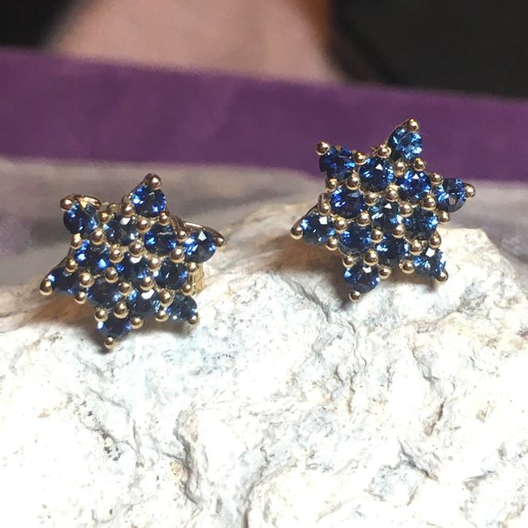 Natural Sapphire Earrings Star Of David 9K Yellow Gold Studs Australian Gems - Picture 13 of 15